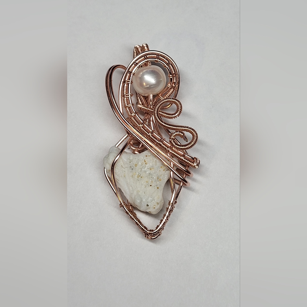 White Coral Fossil & White Pearl Wrapped With Rose Gold Wire,Pendant- Necklace.